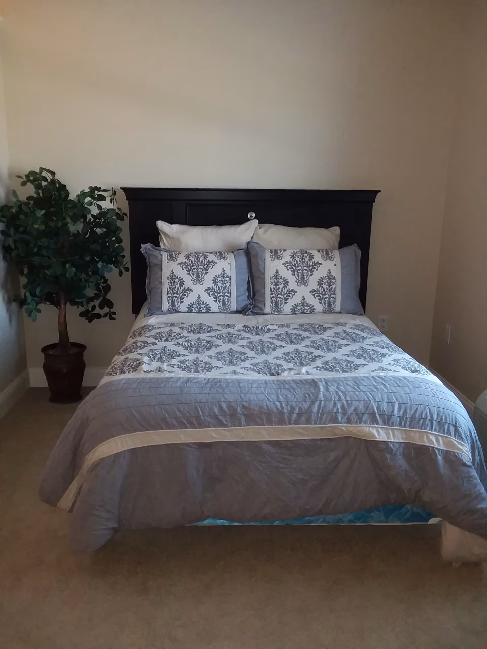 A neatly made bed with a dark wooden headboard, decorated with patterned pillows and a matching bedspread in shades of gray and white. To the left of the bed is a potted green plant. The room has beige walls and carpeted flooring.