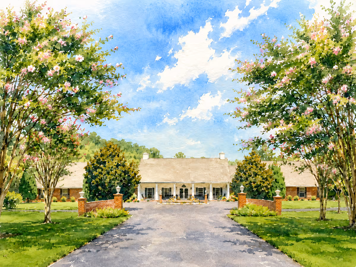 Watercolor-style painting of a senior living facility front entrance framed by lush trees