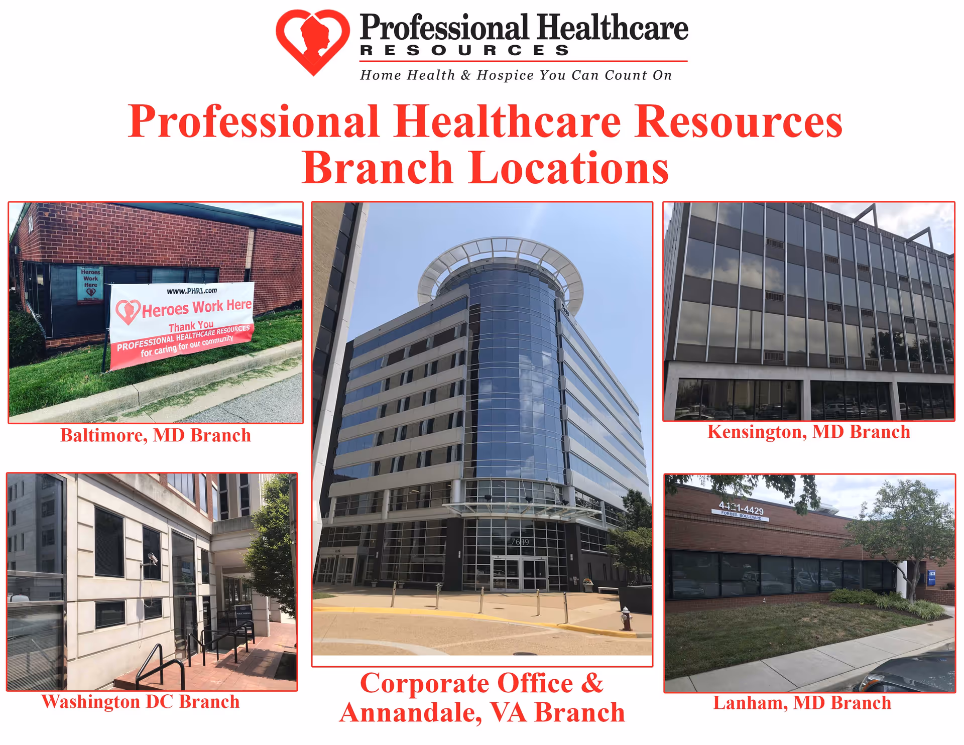This collage shows branch buildings for Professional Healthcare Resources.