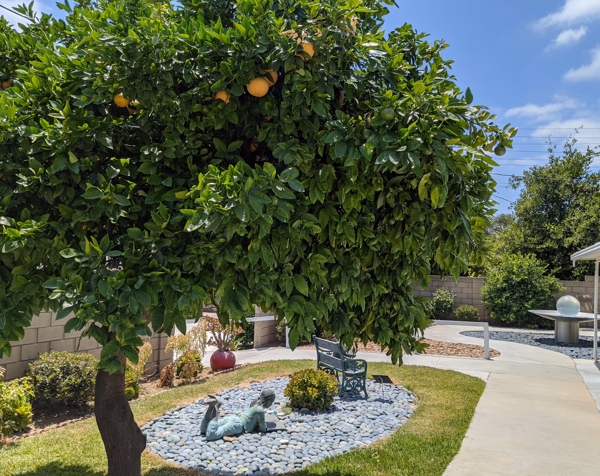 Sunny outdoor courtyard with a fruit tree shading a pebble garden, a bench and a small child statue beside a paved walkway.