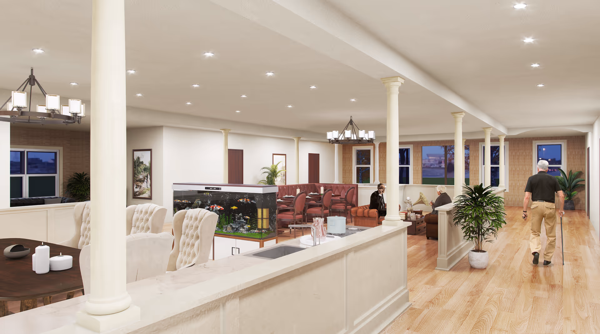 Spacious senior living common area with seating, an aquarium, and a resident walking with a cane.