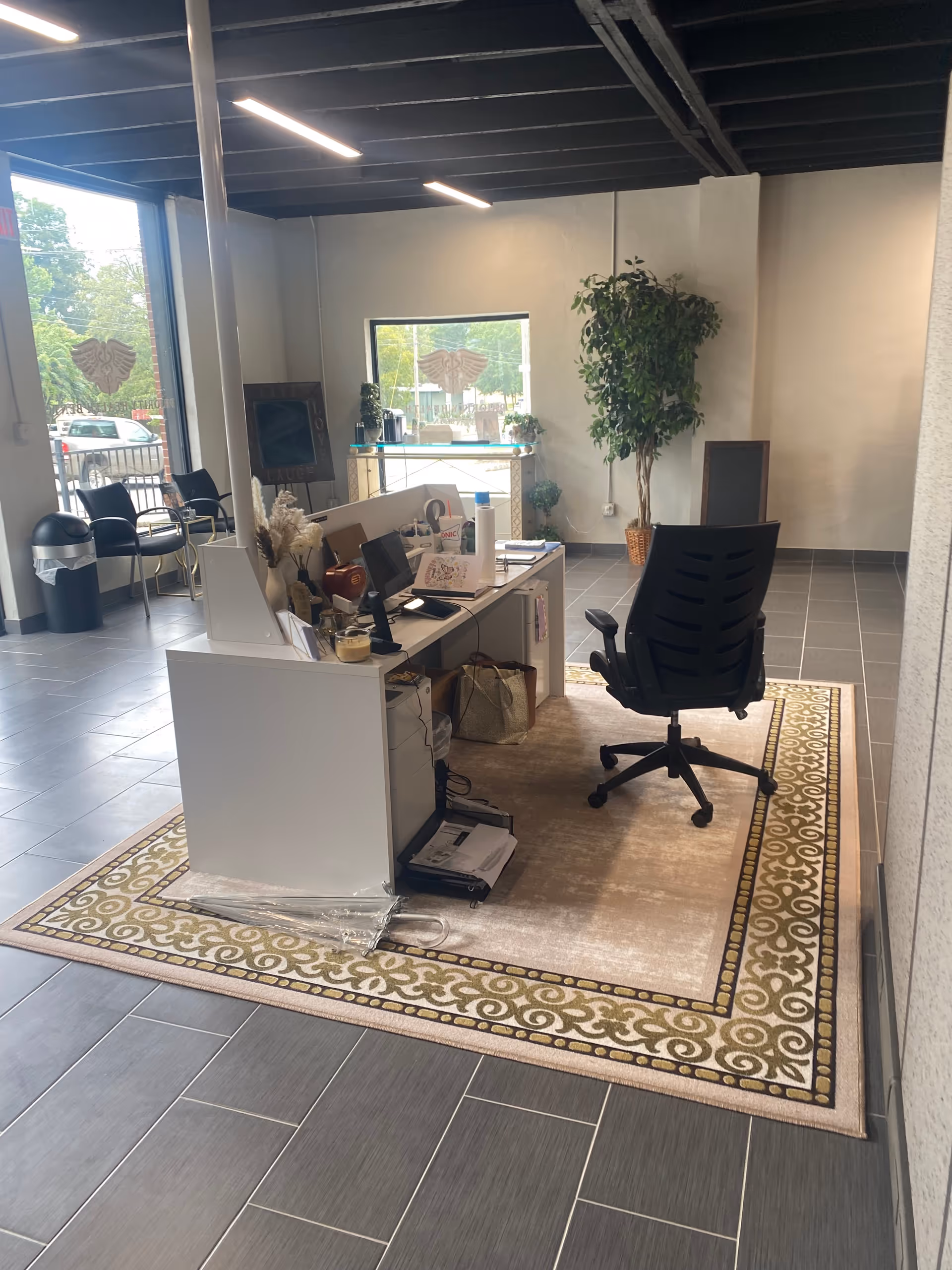 Reception desk in a modern lobby with a chair, rug, and potted plants.