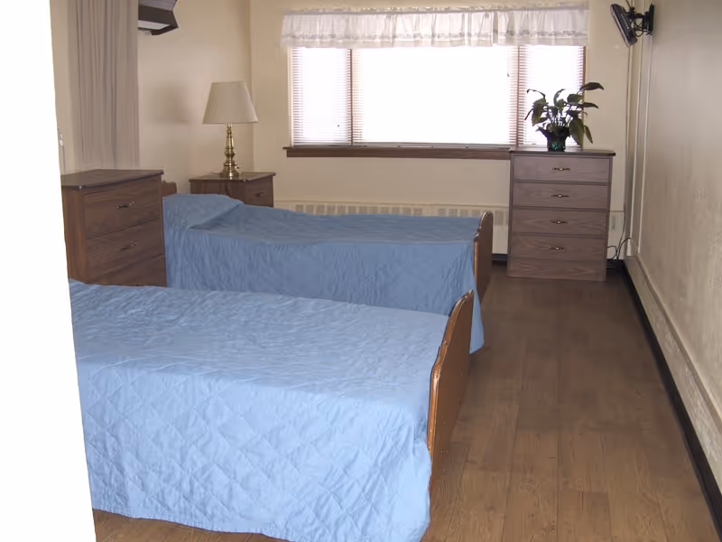 A simple bedroom with two single beds covered in blue quilts, a wooden dresser with a potted plant on top, a nightstand with a lamp, and a window with blinds and a white valance.