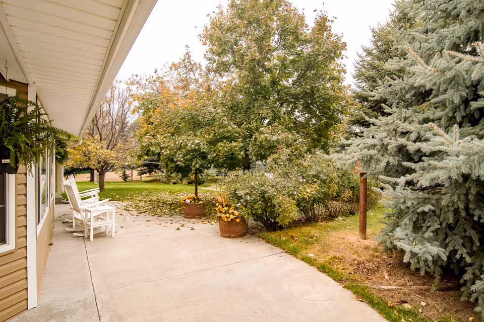 A concrete patio area outside a building with two white rocking chairs. The patio is adjacent to a garden with green trees, bushes, and potted plants with yellow flowers. The scene appears to be in autumn with some fallen leaves on the ground.