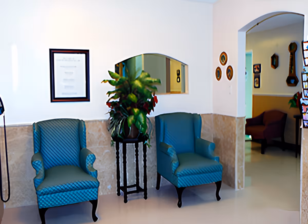 Two teal armchairs flanking a potted plant on a stand in a small seating area with a wall opening and hallway.