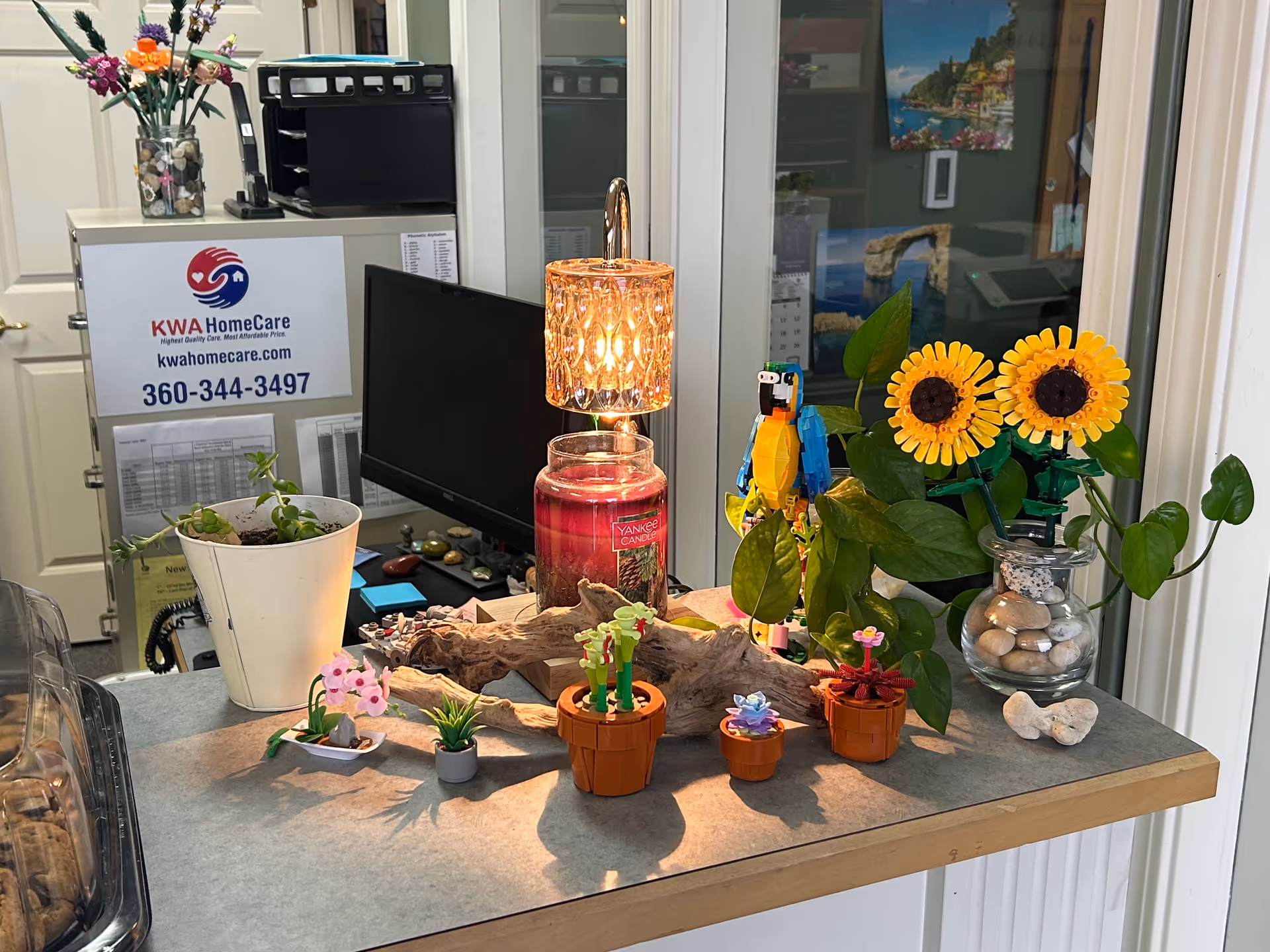 Reception counter with potted plants, sunflowers, and a lamp in a KWA HomeCare office.