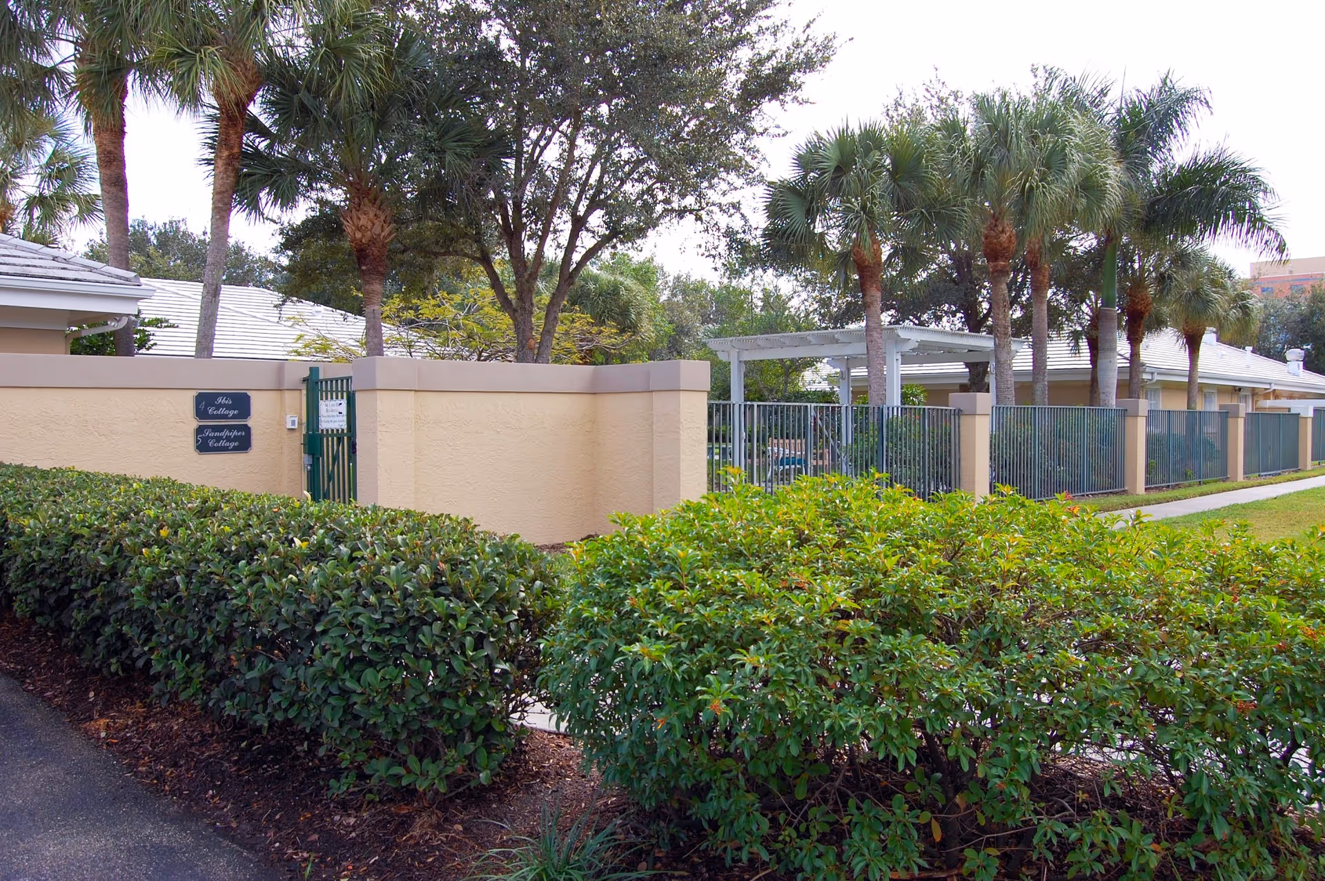 Exterior view of a beige senior living facility with hedges, palm trees, and a gated entrance.
