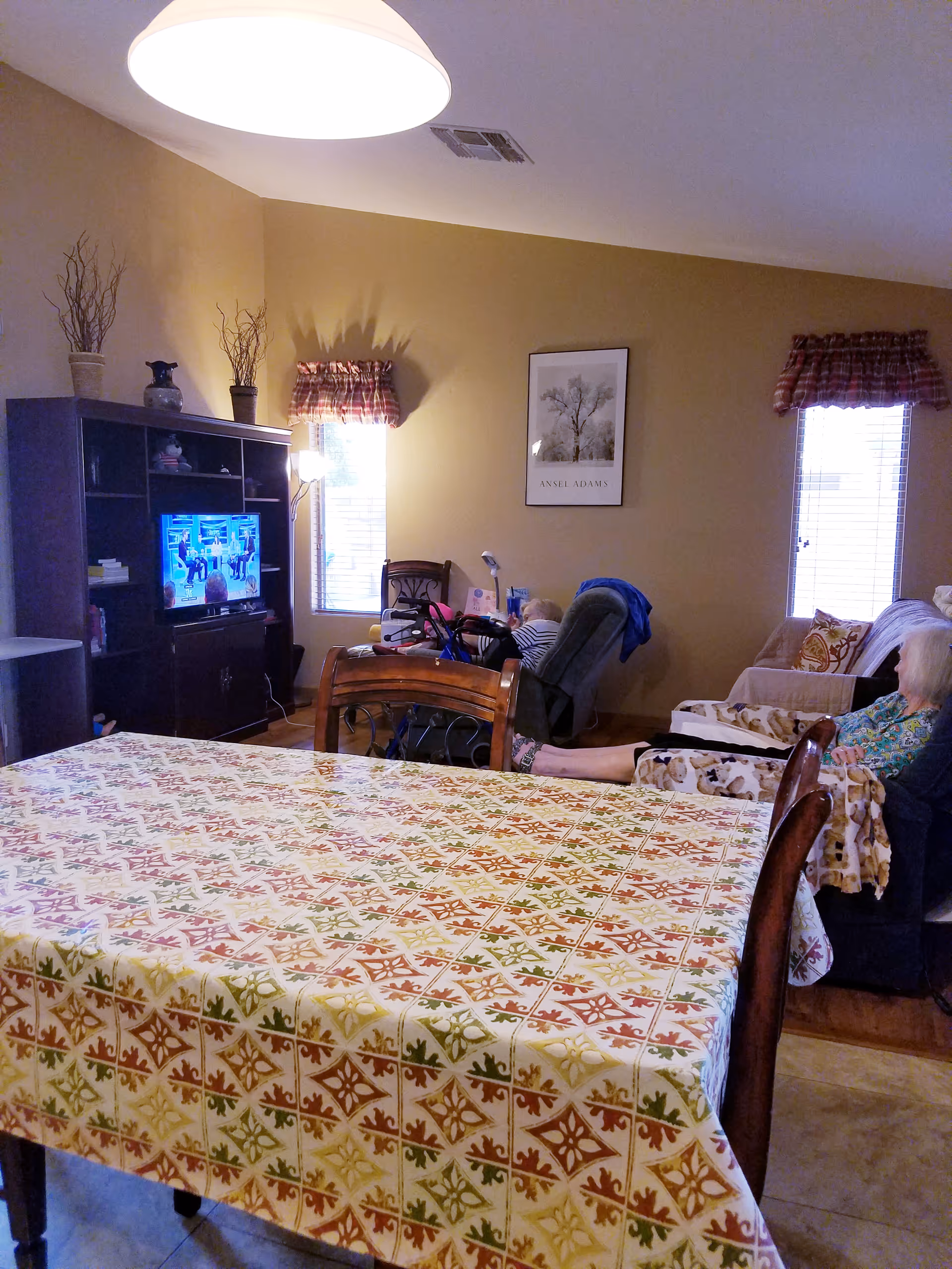 Residents sit in a cozy living room as a TV plays; patterned dining table in foreground.