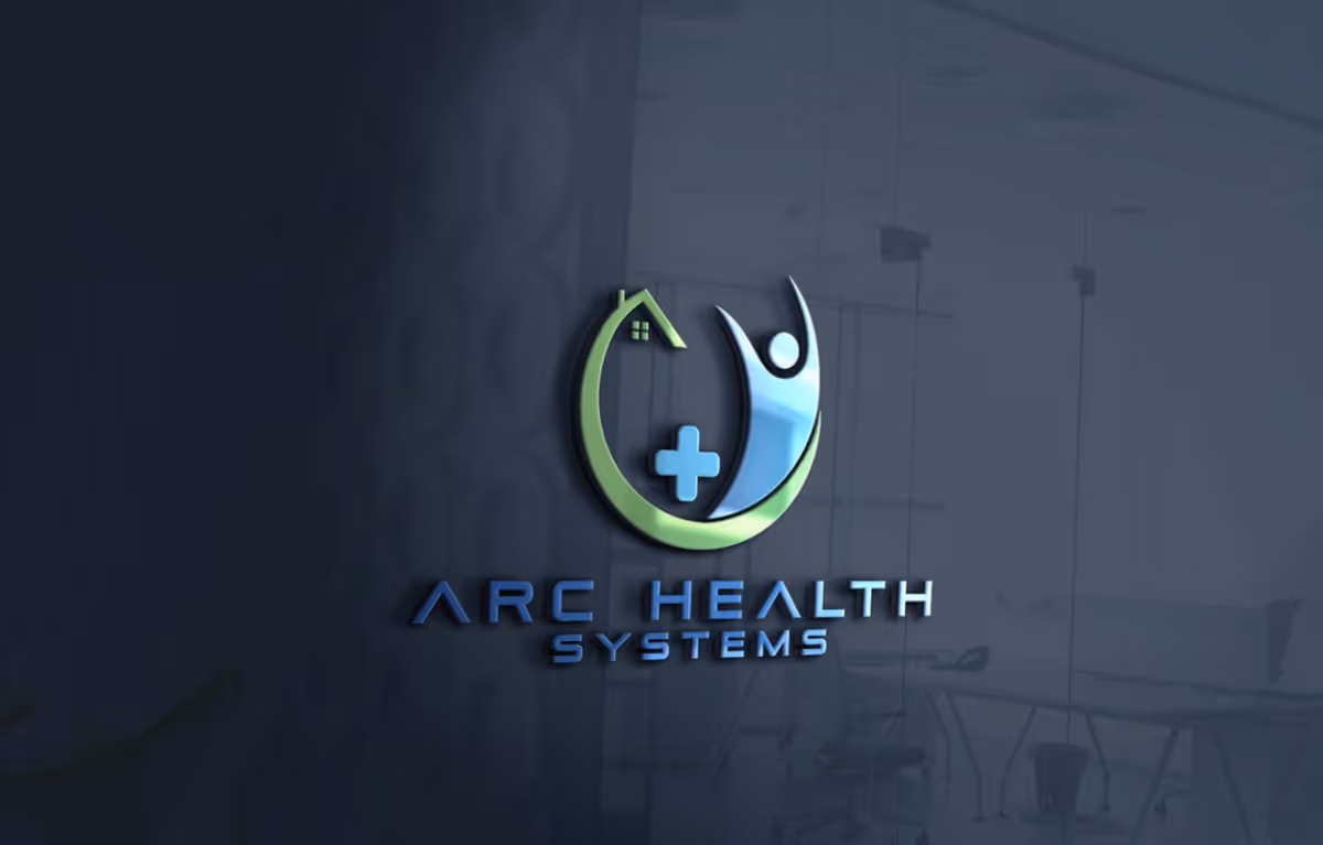 Interior view of Arc Health Systems logo on a glass wall in a conference area.