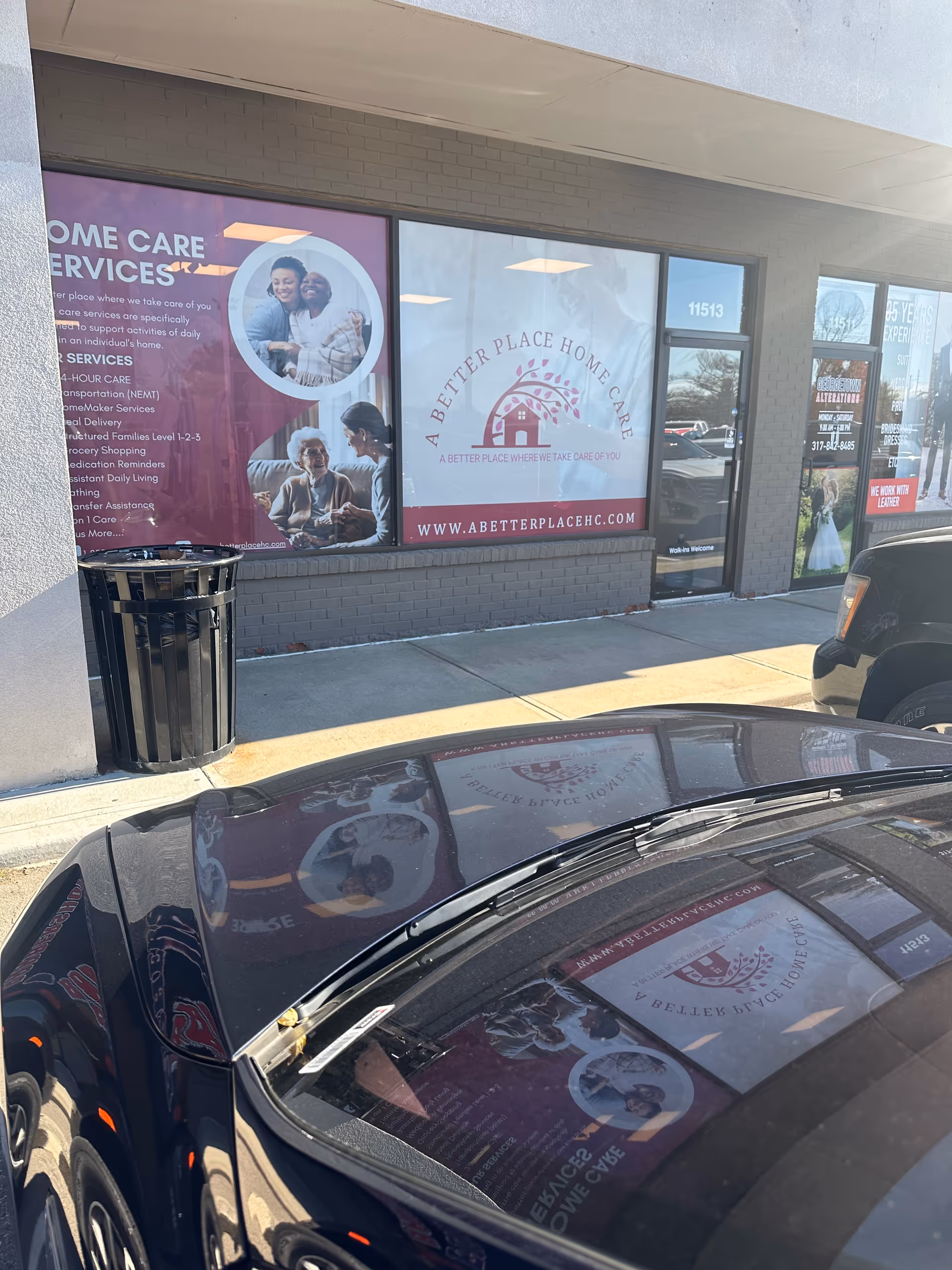 Exterior storefront displays banners for A Better Place Home Care.