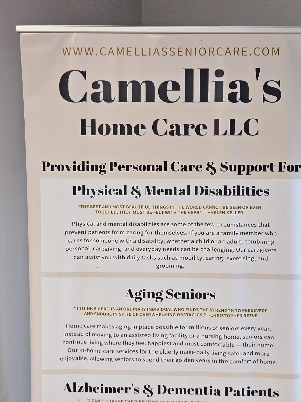 Interior wall banner displays Camellia's Home Care LLC information and services.