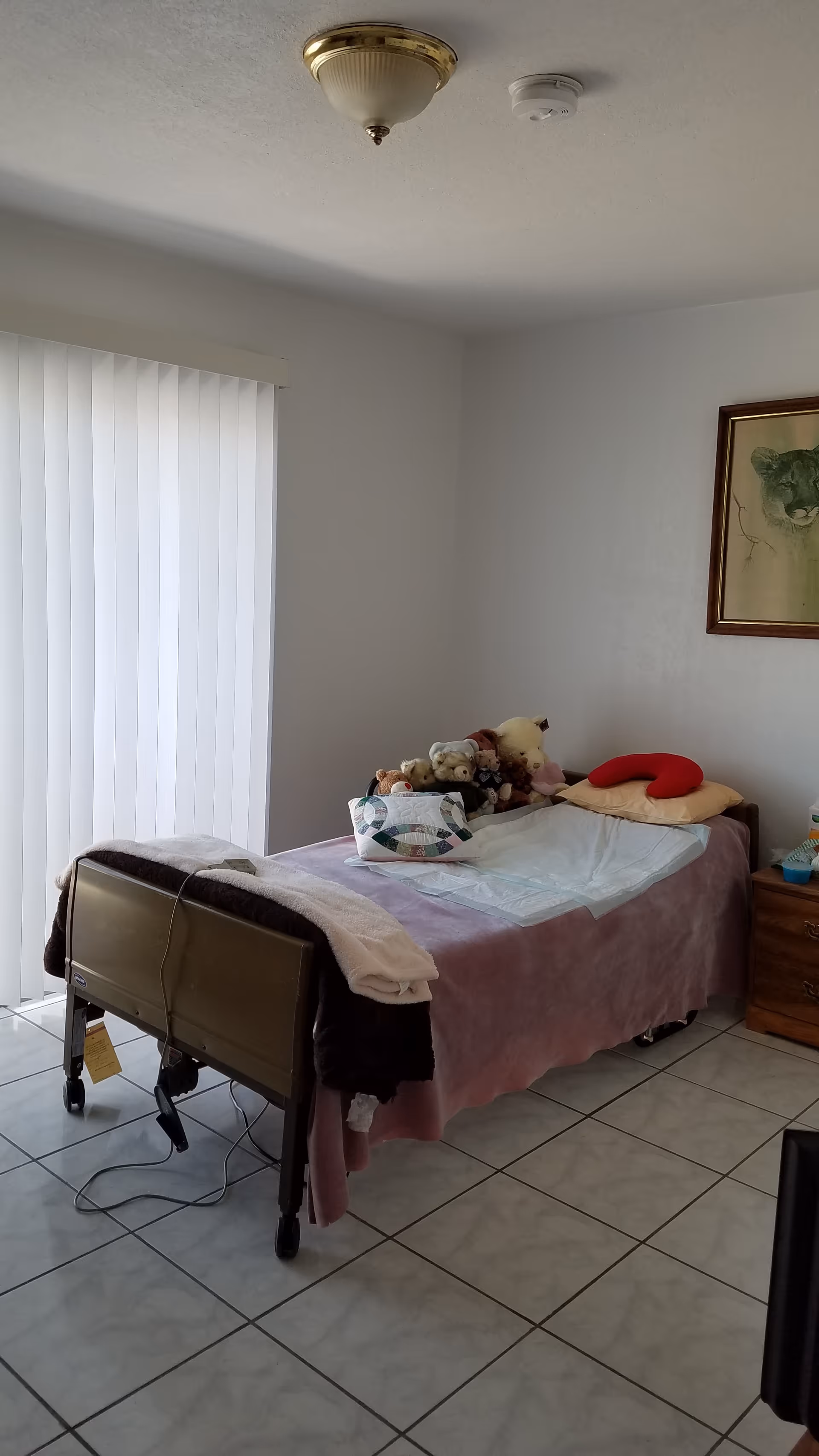 A single bed with stuffed animals sits in a small bedroom with blinds.