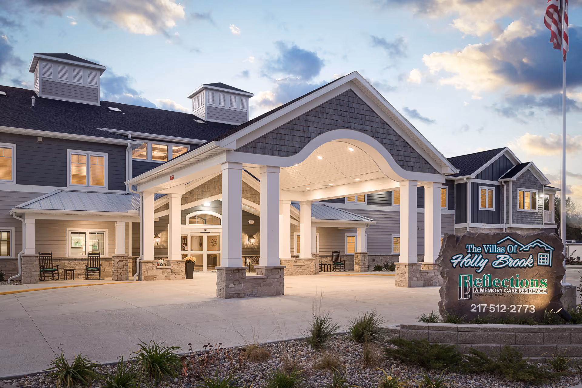 Front view of Villas of Holly Brook Charleston, a senior living residence with a covered entrance.