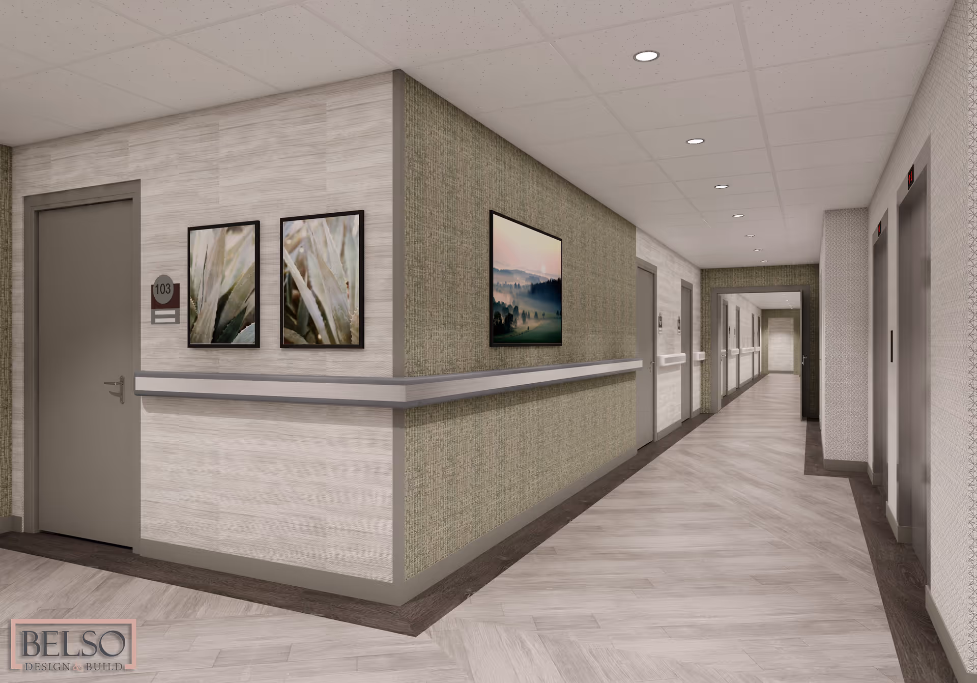 Long interior hallway in a senior living facility with doors, handrails, framed artwork, and elevators.