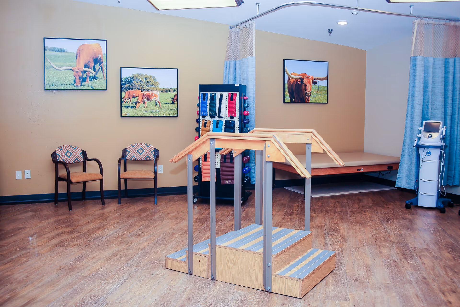 A rehabilitation therapy room with wooden parallel bars for walking exercises, two chairs with patterned upholstery, framed pictures of longhorn cattle on the walls, a rack with exercise bands and weights, a padded therapy table, and a medical device on a stand. The room has wood flooring and beige walls with blue curtains.