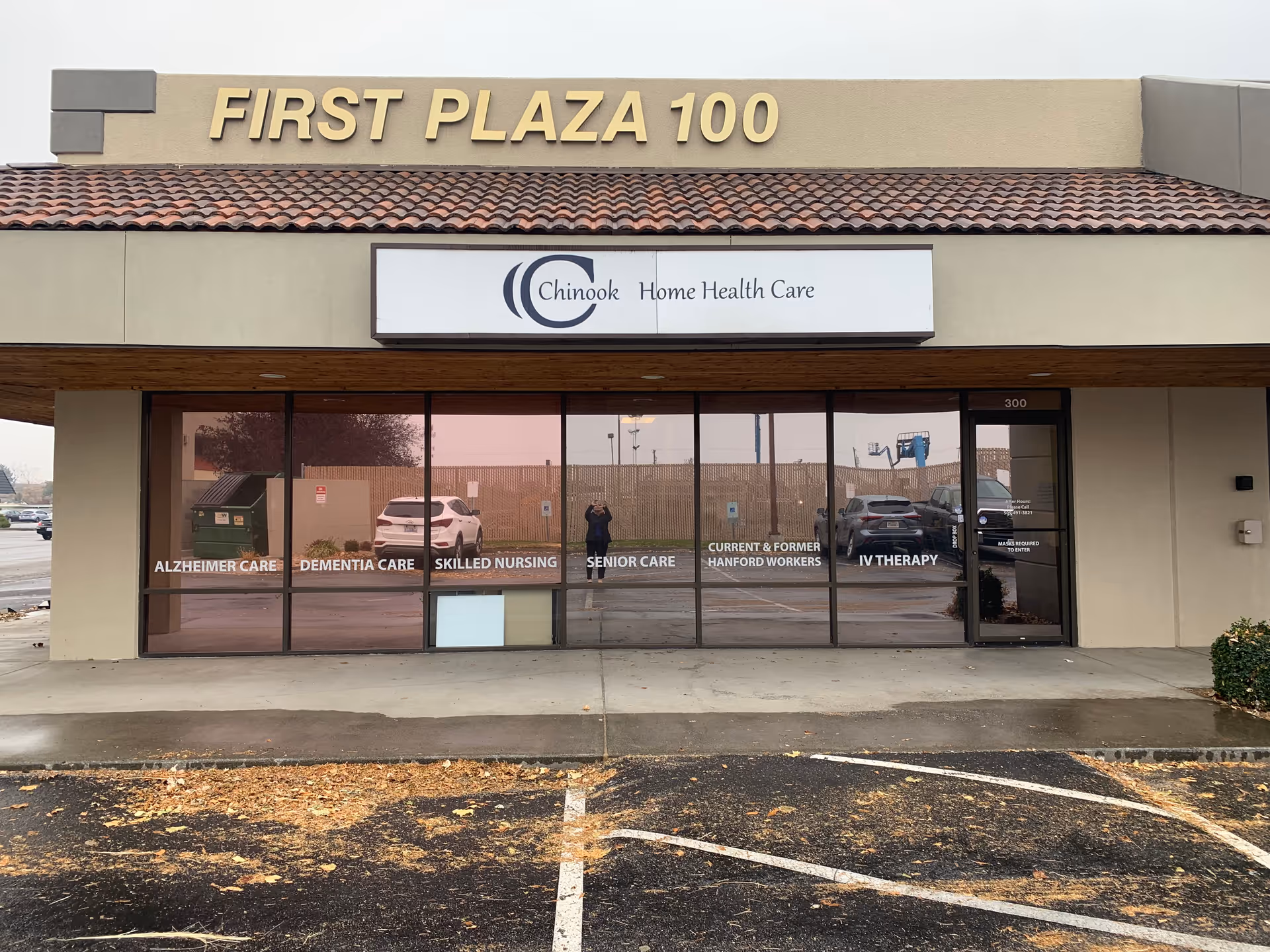 Exterior of Chinook Home Health Care at First Plaza 100 with large glass storefront