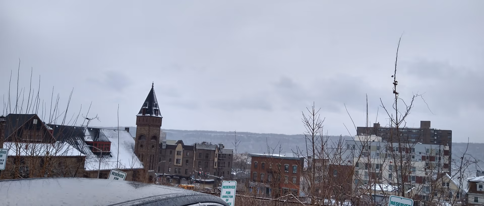 Snowy urban skyline with brick buildings and leafless trees.