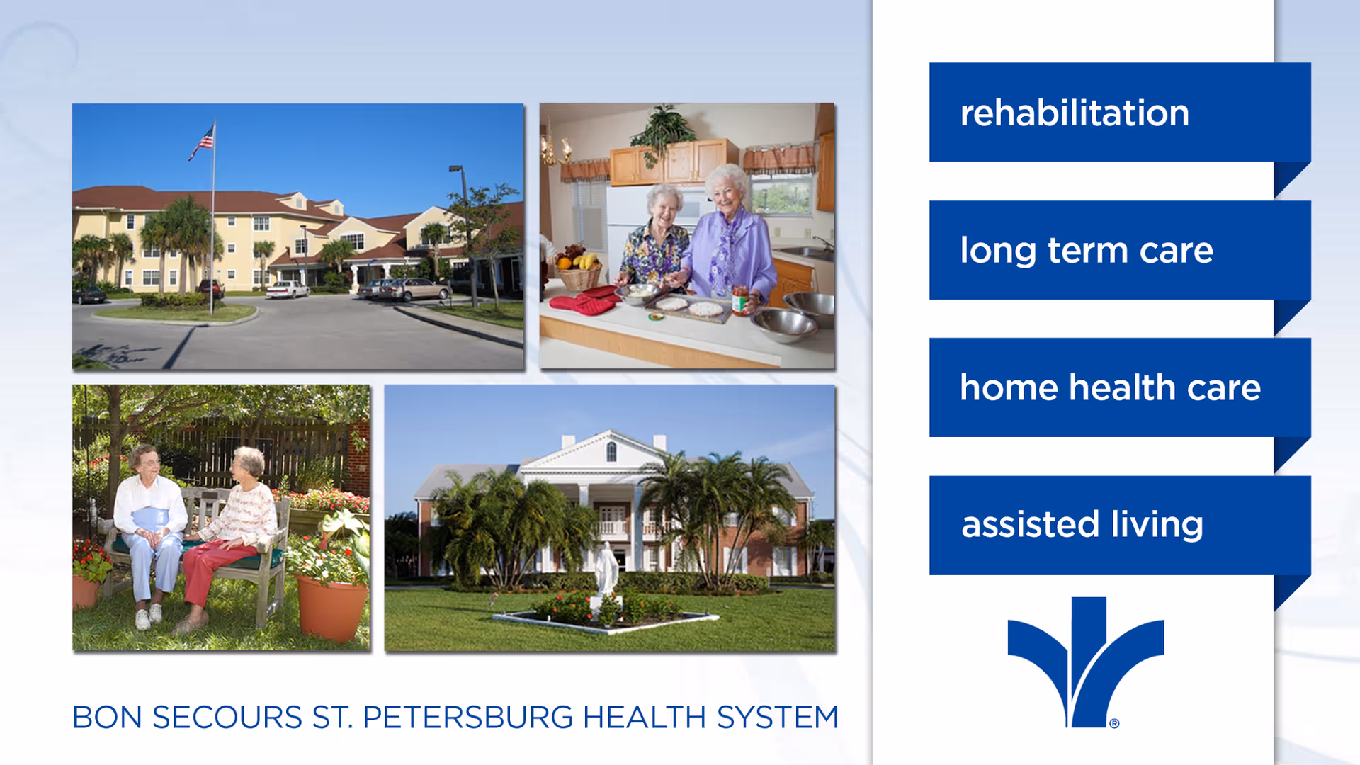 Collage of Bon Secours facility exterior, residents cooking, chatting outdoors, and a central campus building.