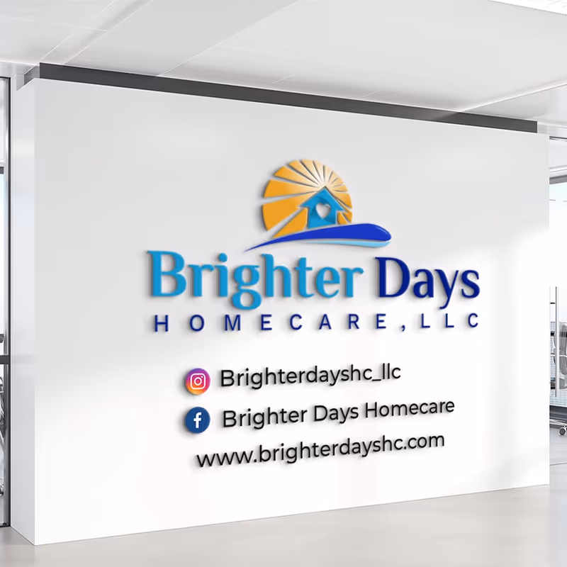 Interior office wall with Brighter Days Homecare logo and social media handles.