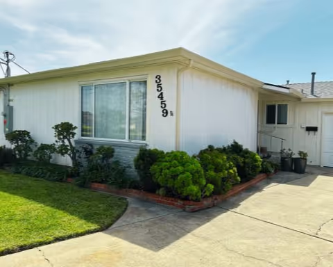 White, single-story care home with a large front window and manicured shrubs.