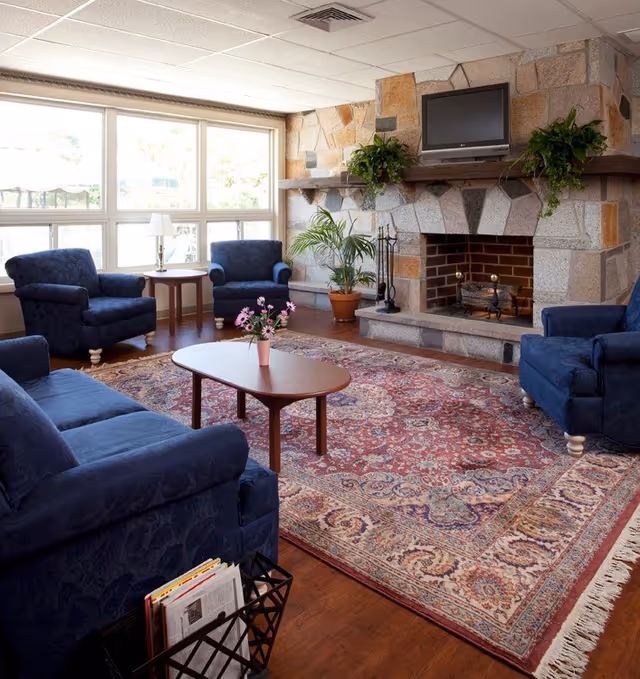 A cozy living room with four blue upholstered armchairs arranged around a wooden coffee table with a small vase of flowers. The room features a large patterned area rug on a wooden floor, a stone fireplace with a TV mounted above it, and large windows letting in natural light. There are also potted plants on the fireplace mantel and floor.