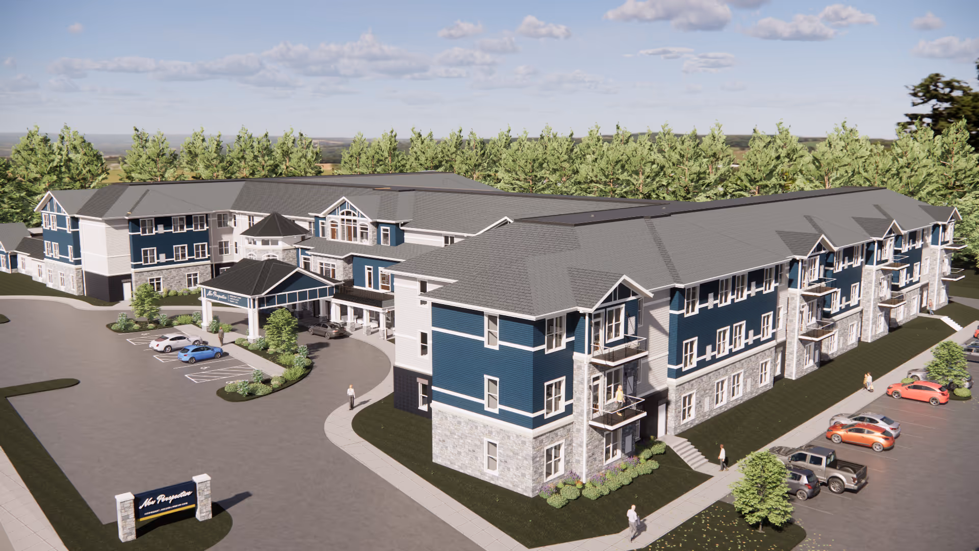 Exterior view of a large senior living facility with blue siding and parking.