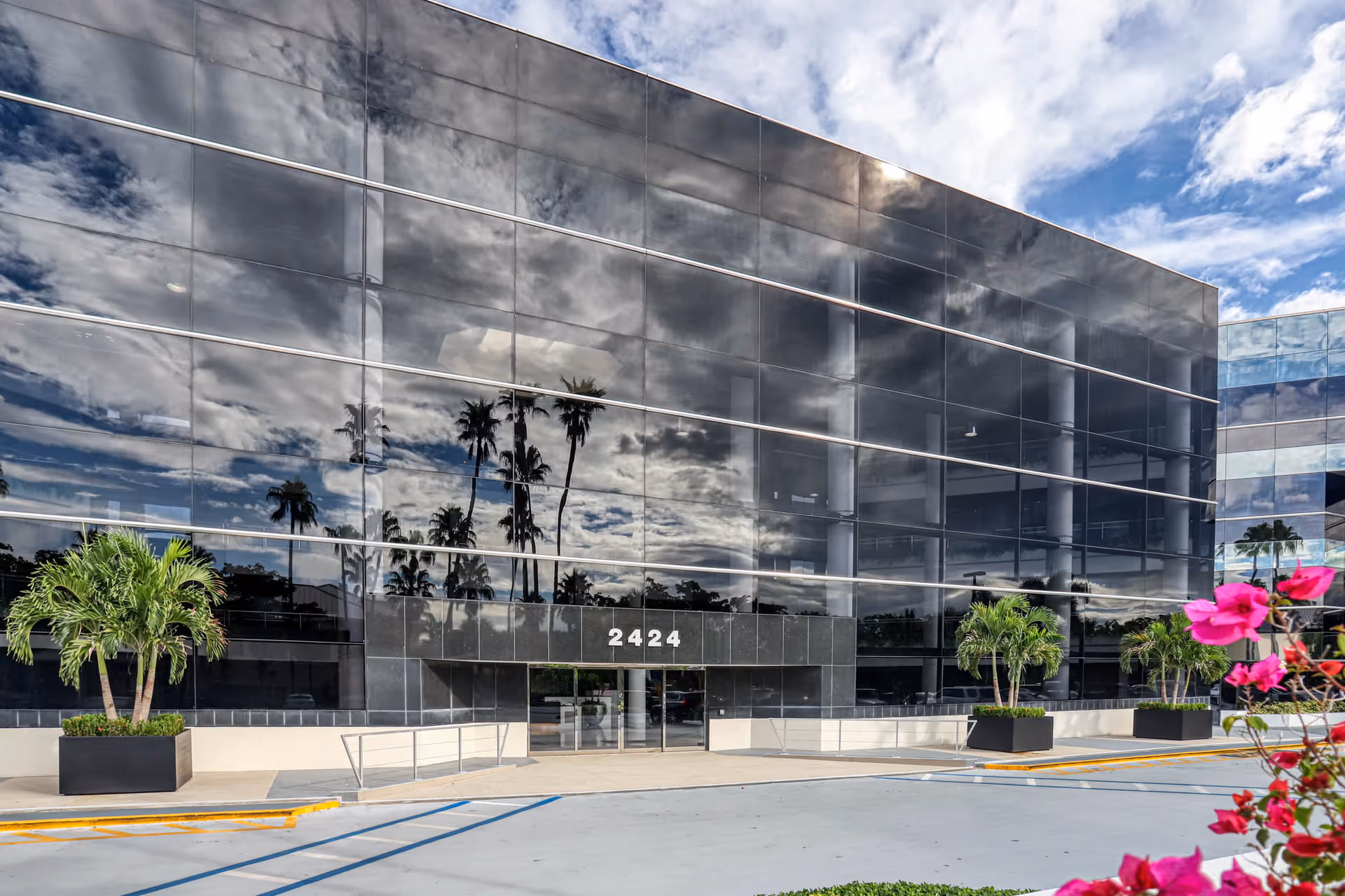 Front of a modern glass building with palm trees and a bright sky.