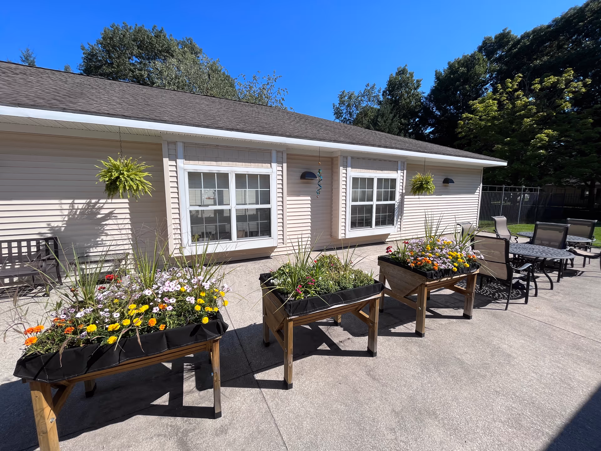 Outdoor patio area at Ludington Woods Assisted Living and Memory Care featuring three raised garden beds with colorful flowers and plants, hanging ferns on the building wall, a bench, and several patio chairs and tables under a clear blue sky.