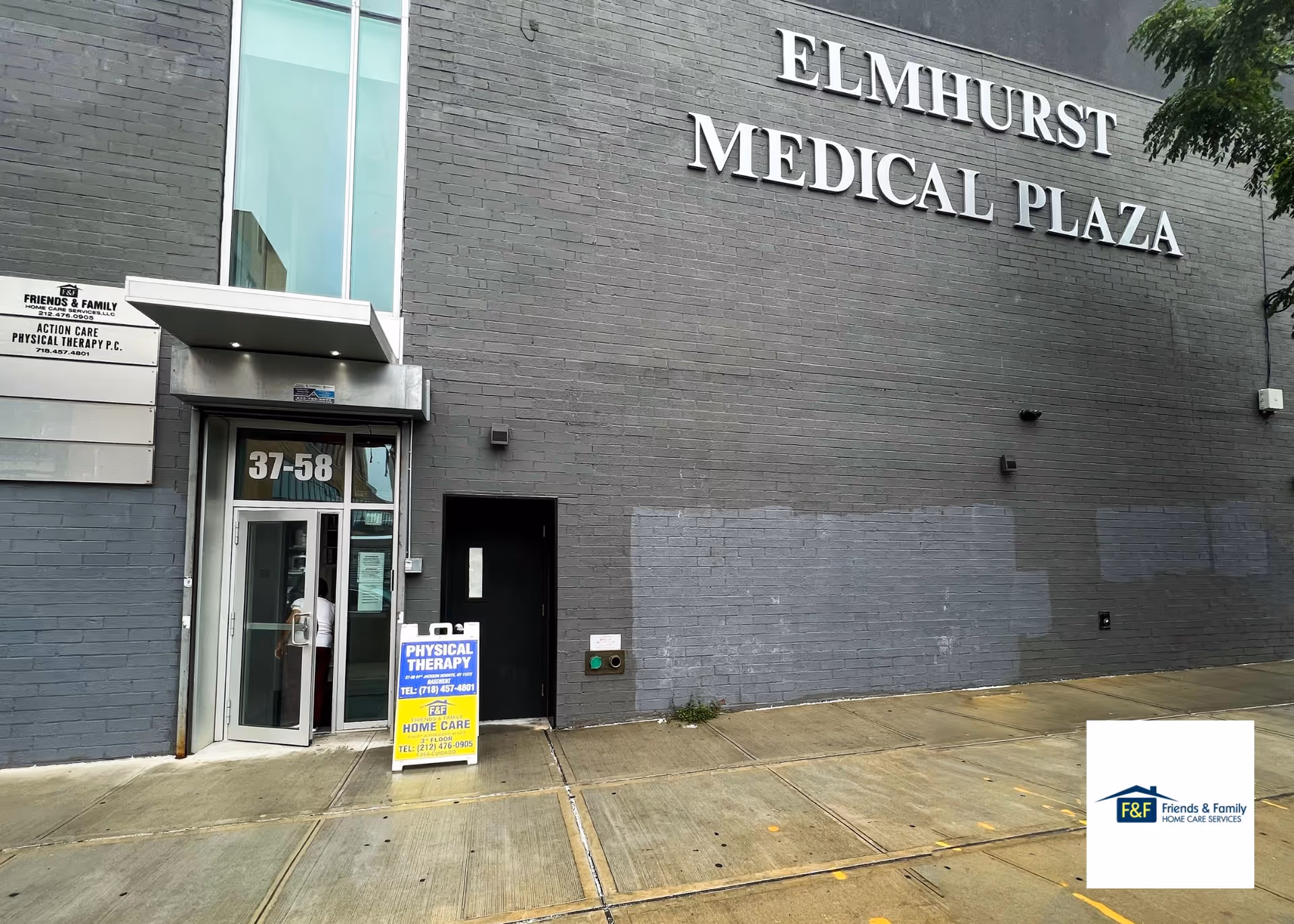 Exterior view of Elmhurst Medical Plaza with entrance and Friends and Family signage.