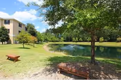 A grassy outdoor area with benches, a winding pond, and a building in the background.