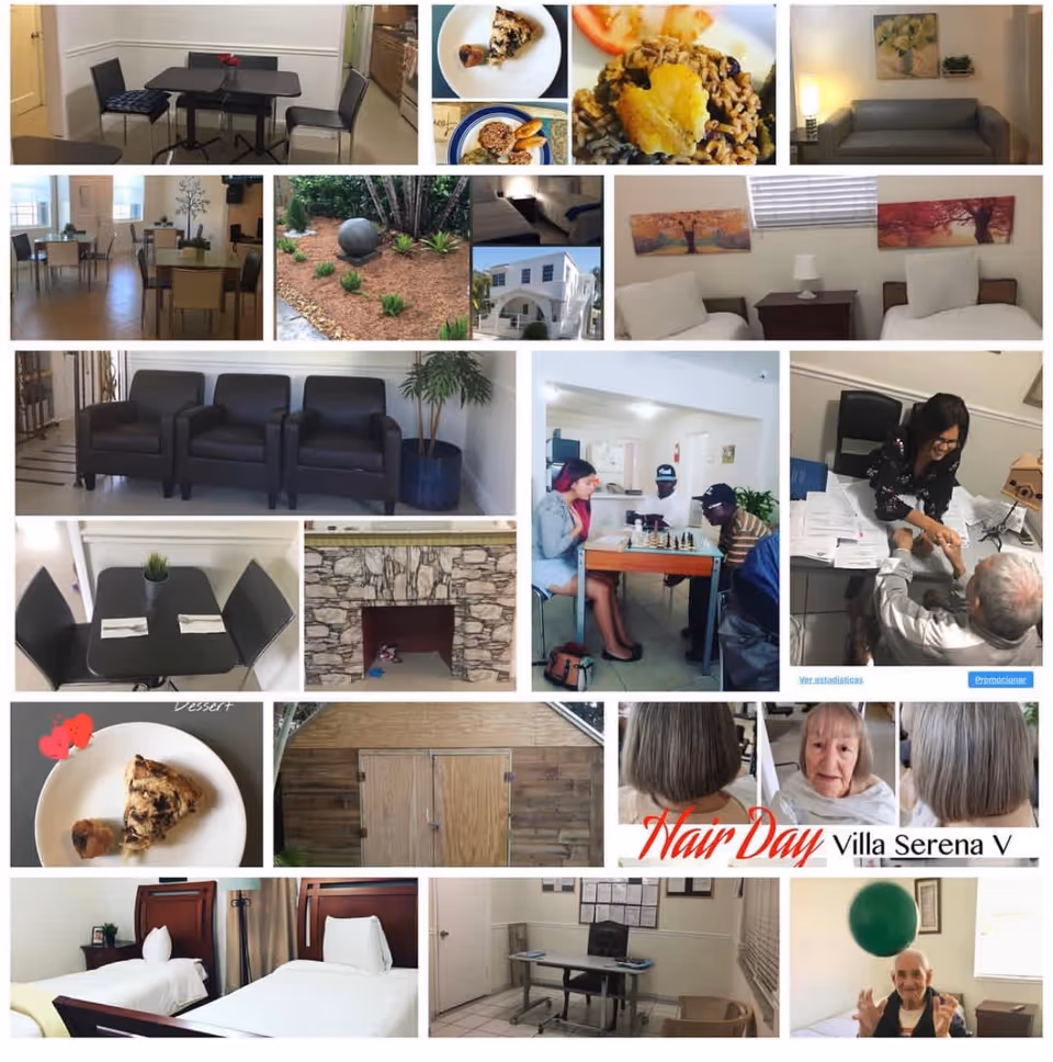 Collage of interior common areas, dining spaces, lounges, and resident rooms in a senior living facility.