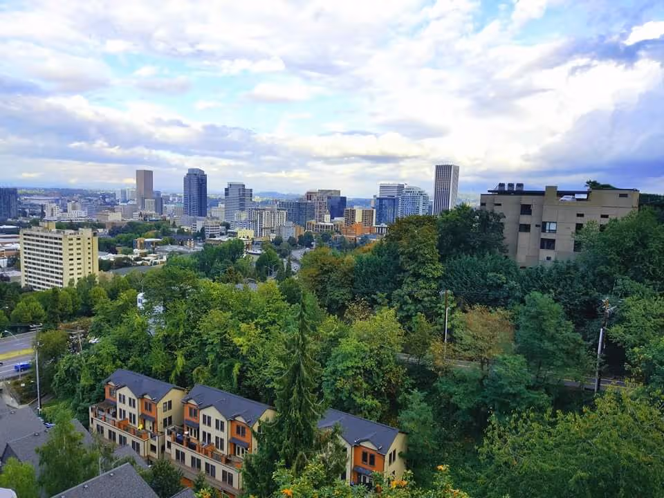 City skyline above a tree-covered residential area with mid-rise buildings.