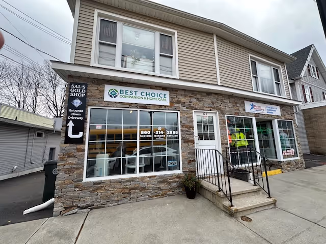 Exterior storefront of Best Choice Companion and Home Care with stone facade.