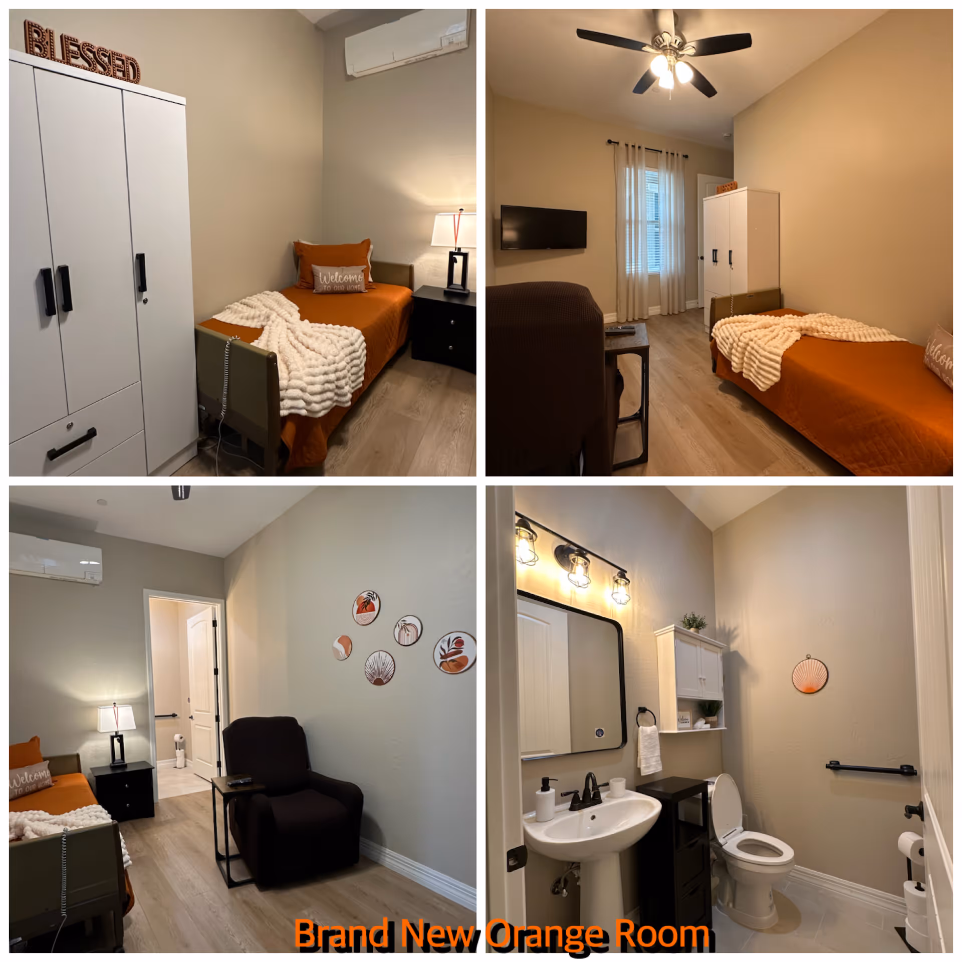 Collage of four images showing a senior living facility room with orange bedding. The room includes a single bed with an orange quilt and a 'Welcome to our home' pillow, a white wardrobe with the word 'BLESSED' on top, a black armchair with a small side table, a wall-mounted TV, and a ceiling fan. One image shows a bathroom with a white pedestal sink, a toilet, a mirror with three lights above it, and a white cabinet on the wall. The room has light-colored walls and wood flooring. The text 'Brand New Orange Room' is displayed at the bottom in orange.
