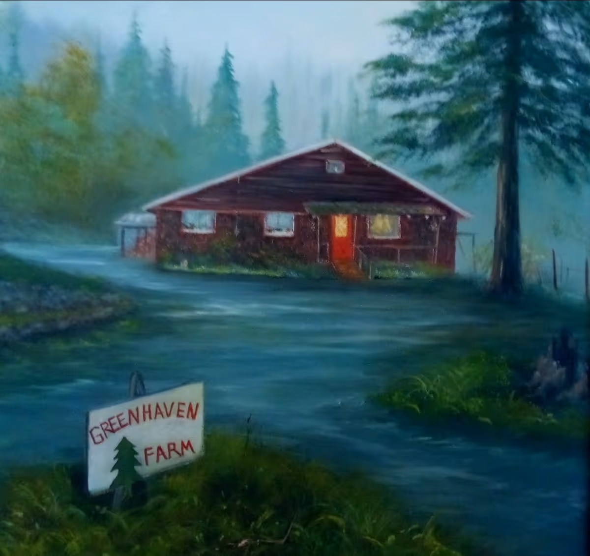A rustic wooden cabin in a misty forest with a farm sign.