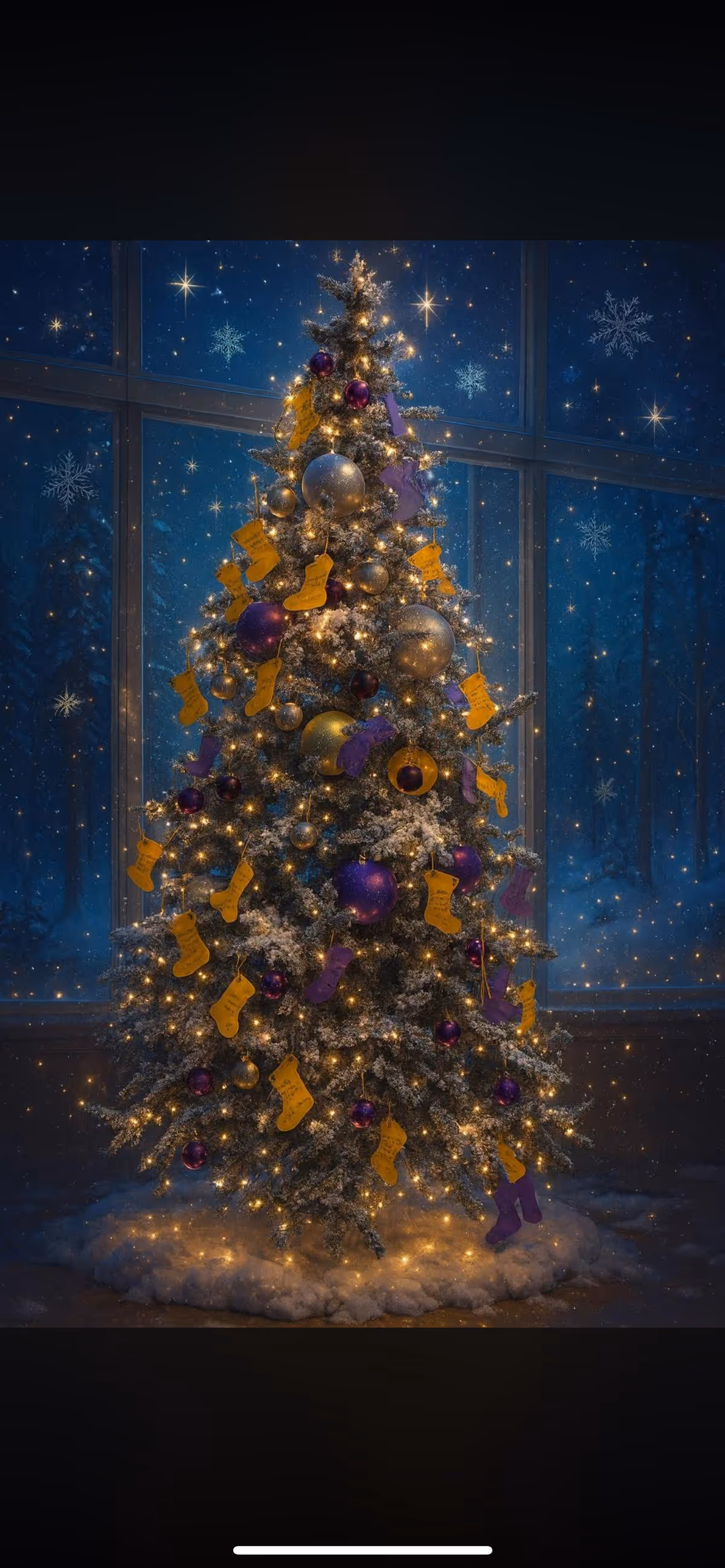 Indoors, a decorated Christmas tree with lights and stockings stands before a snowy blue window backdrop.
