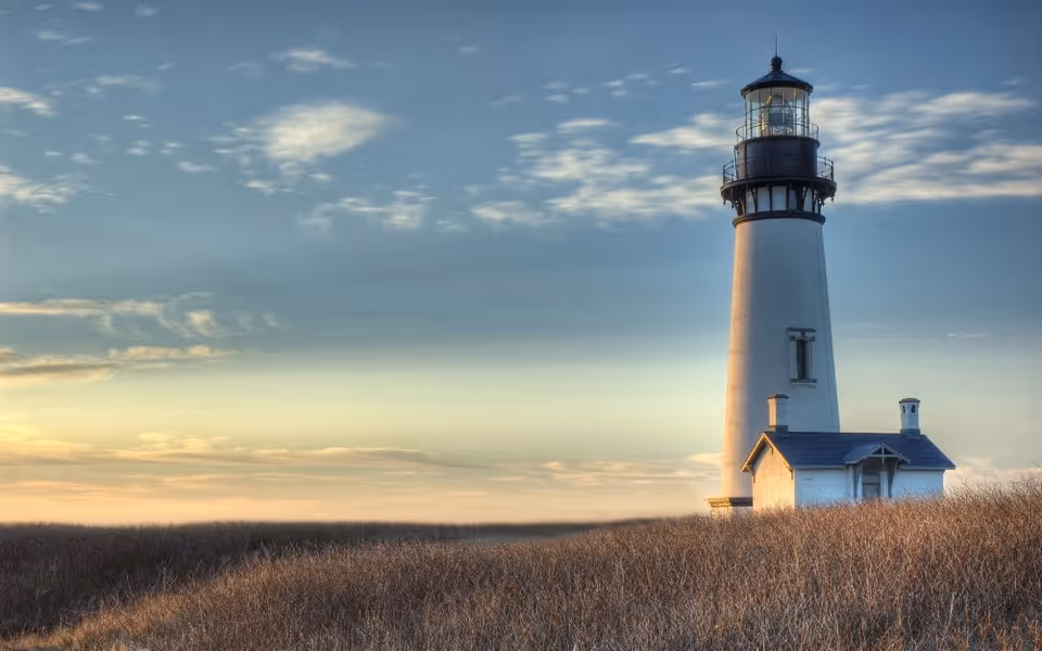 A white lighthouse with a dark lantern and small adjacent building sits on grassy dunes.