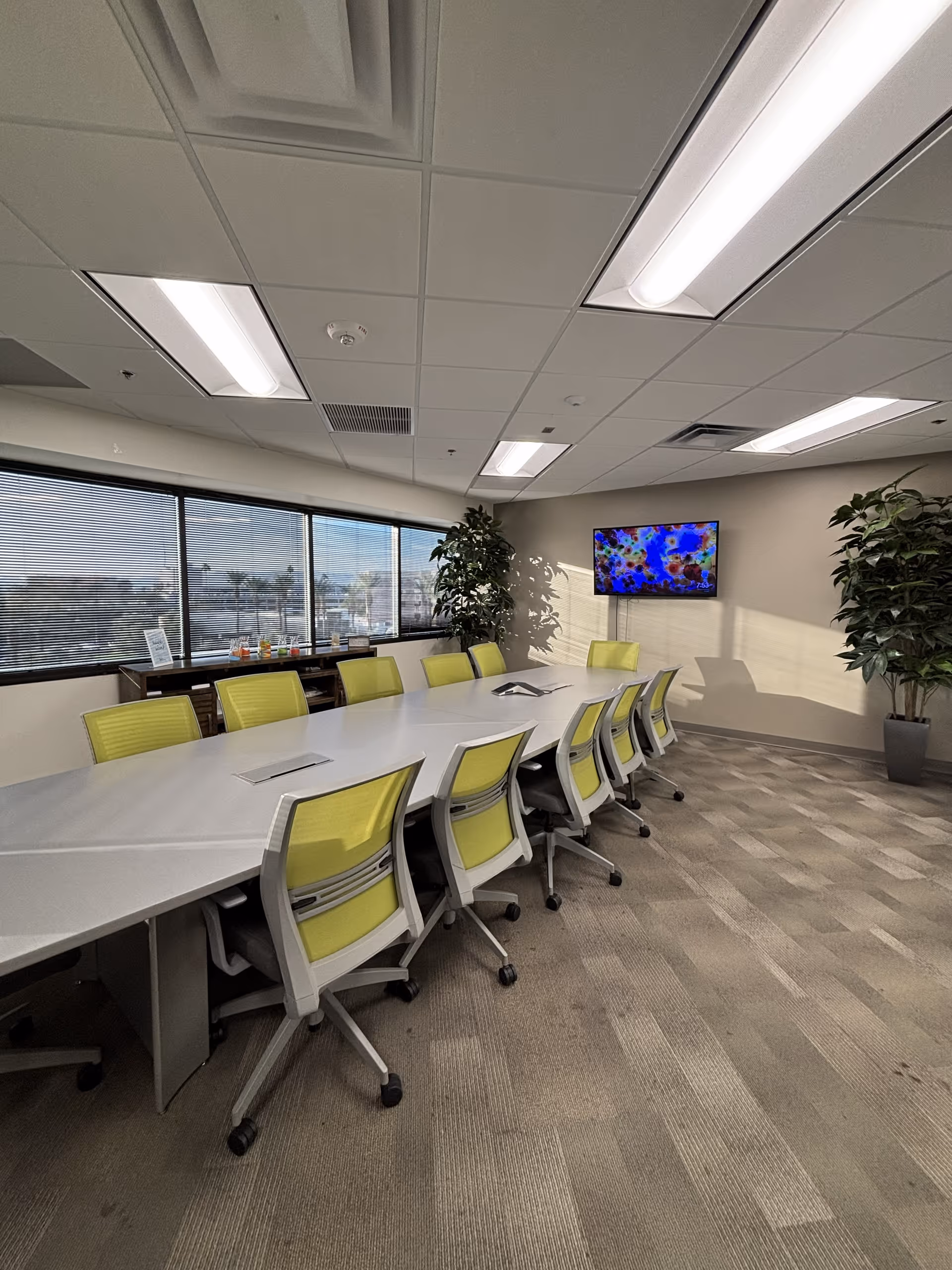 Modern conference room in a senior facility with a long table, lime chairs, and a TV.