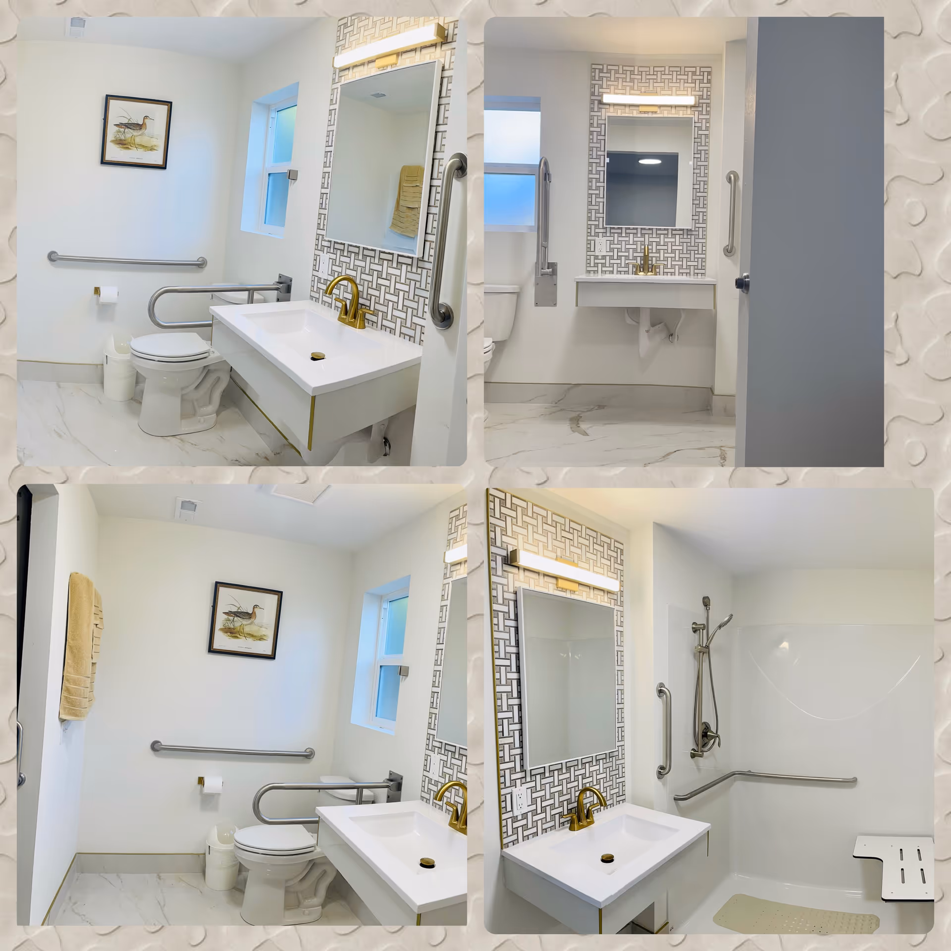 Accessible bathroom with grab bars, sink, mirror, toilet, and a walk-in shower