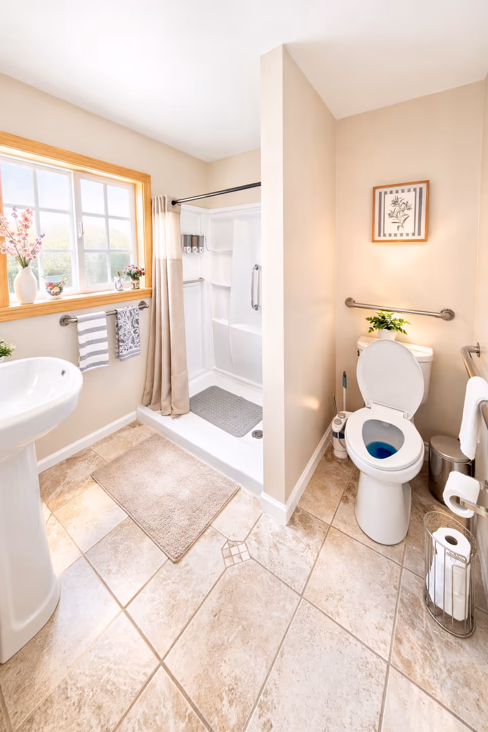 Bright bathroom featuring a shower stall, toilet, pedestal sink, beige tile floor, and window.