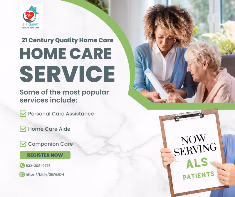 Marketing banner for home care service showing two people reviewing paperwork.