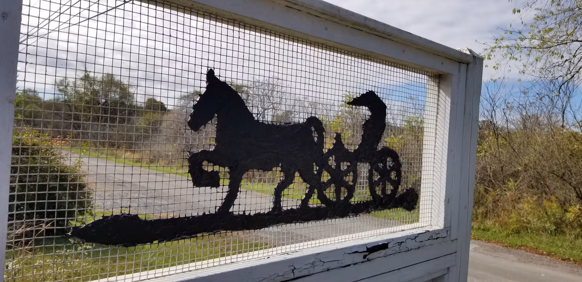 Wood-framed gate with wire mesh shows a black horse-drawn carriage silhouette on a road behind trees.