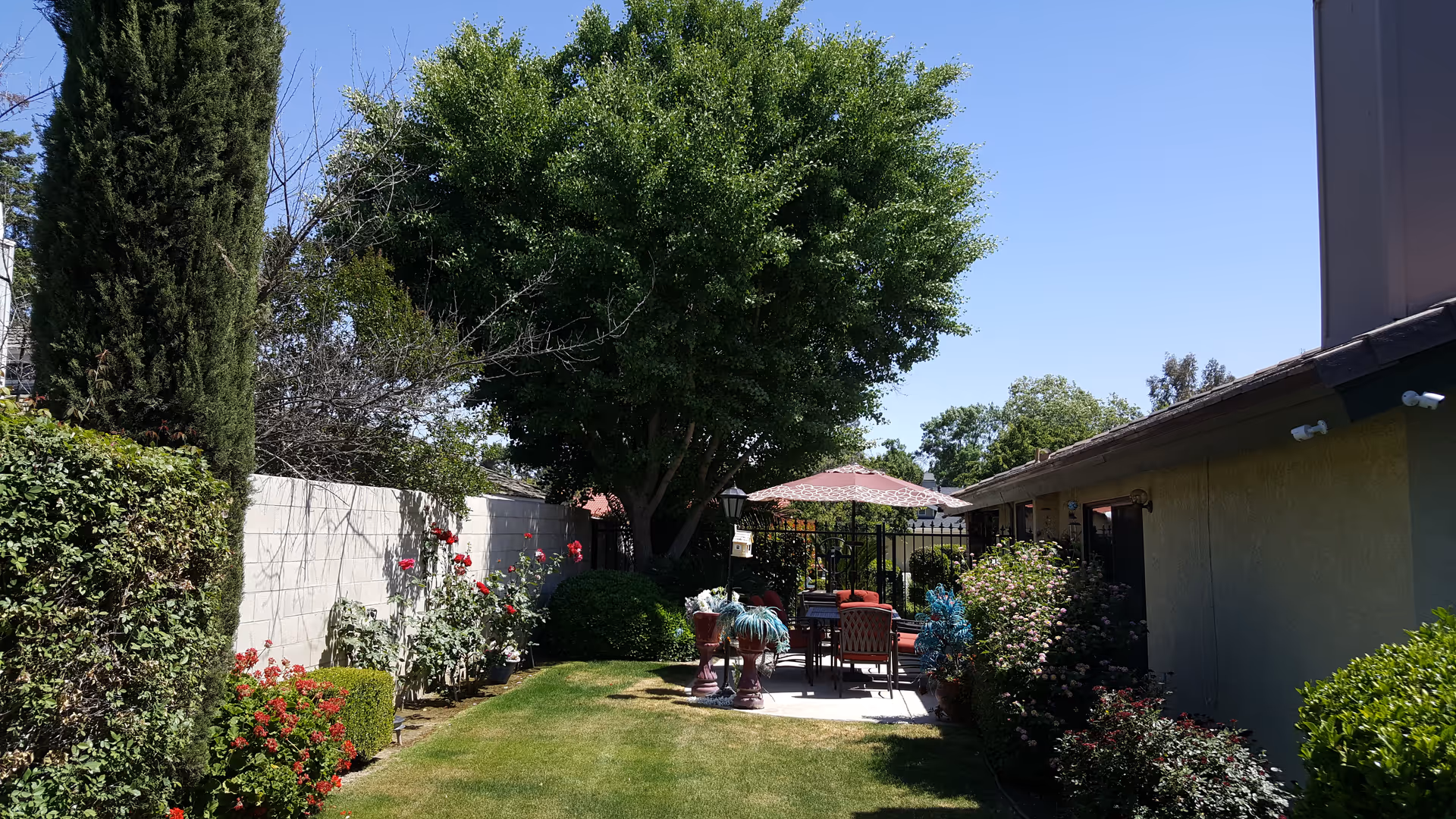 Sunny outdoor courtyard at a residential care facility with seating, umbrella, and lush greenery.