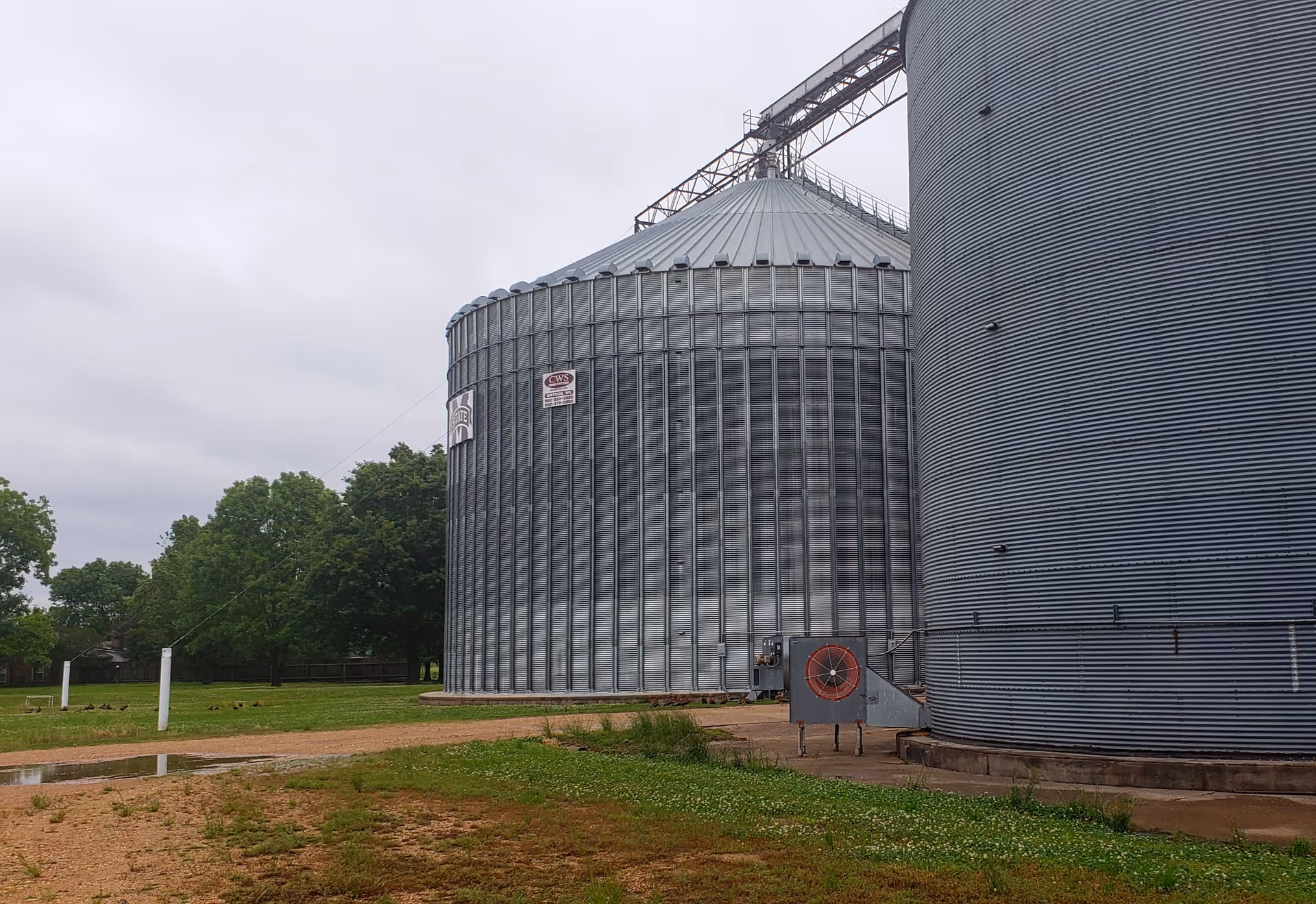 Outdoor view of tall metal grain silos beside a field under a cloudy sky.
