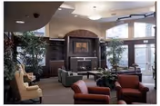 Luxurious senior living lounge with red chairs, a fireplace, plants, and large arched windows.