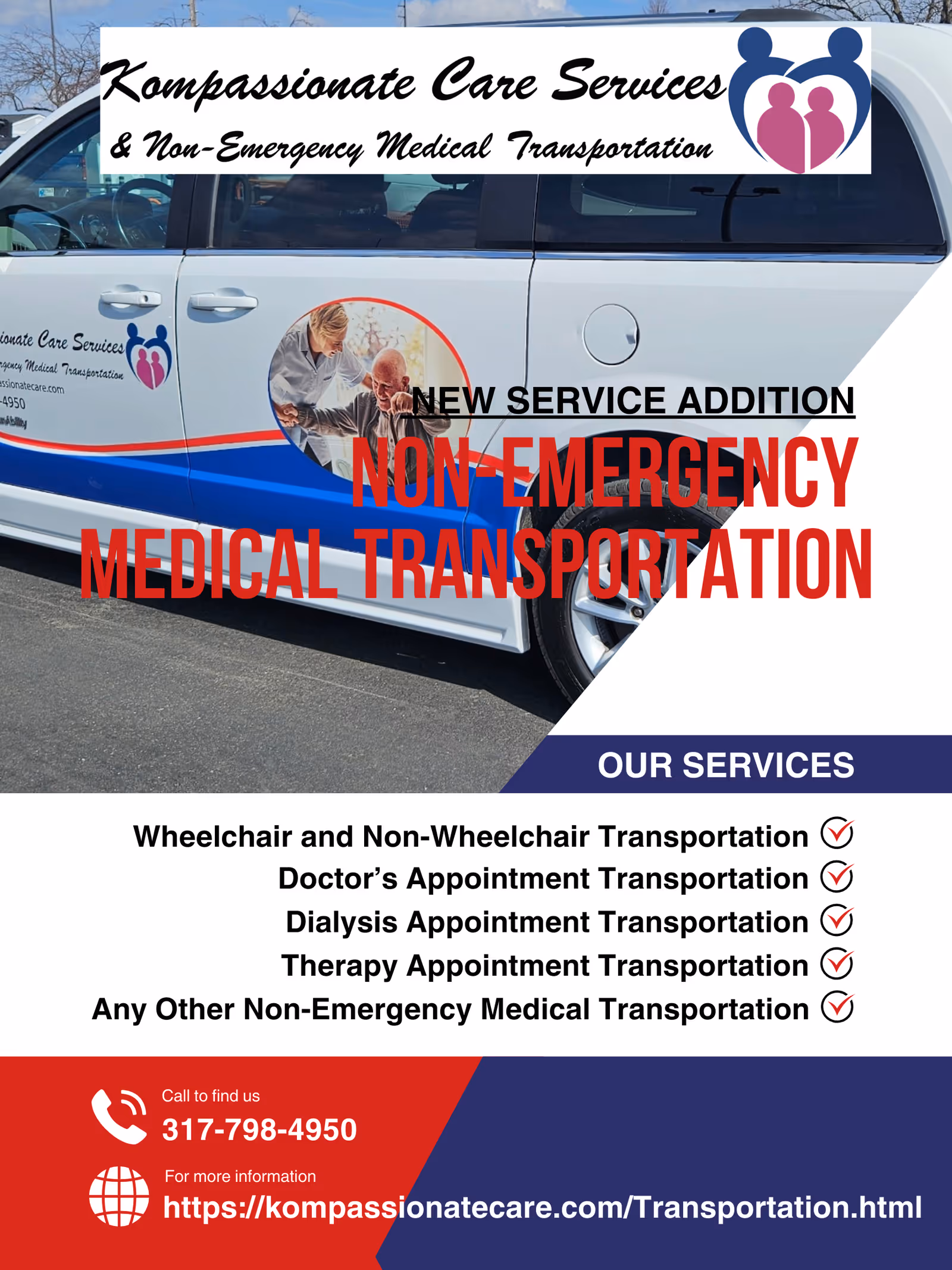 Branded Kompassionate Care Services transportation van side with large red Non-Emergency Medical Transportation text.
