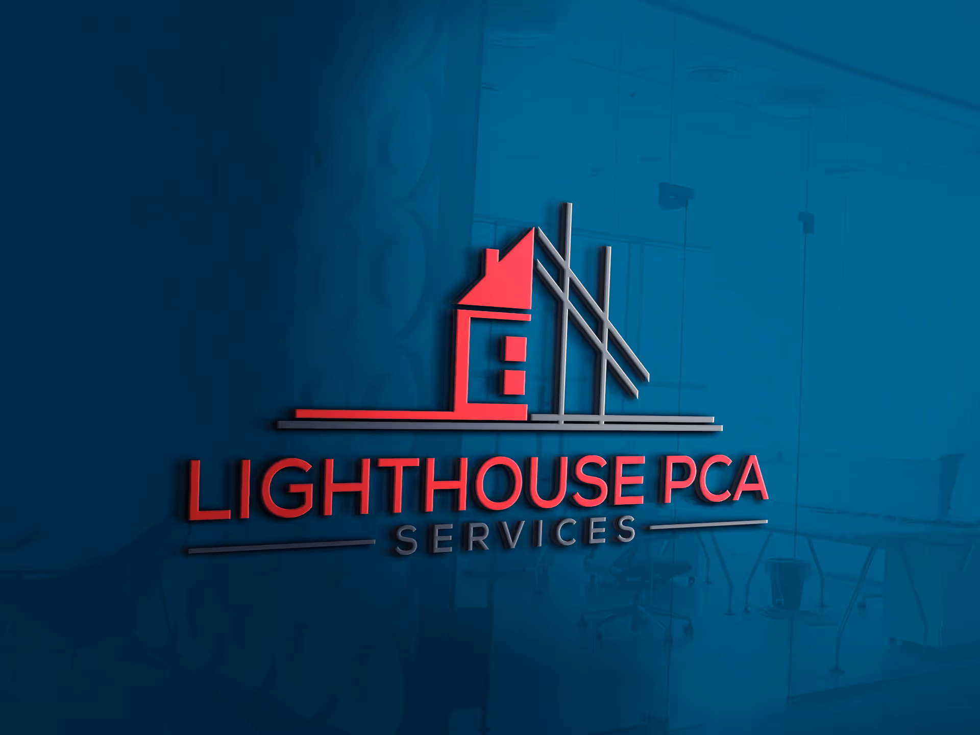 Interior glass wall with a red Lighthouse PCA Services logo and icon.