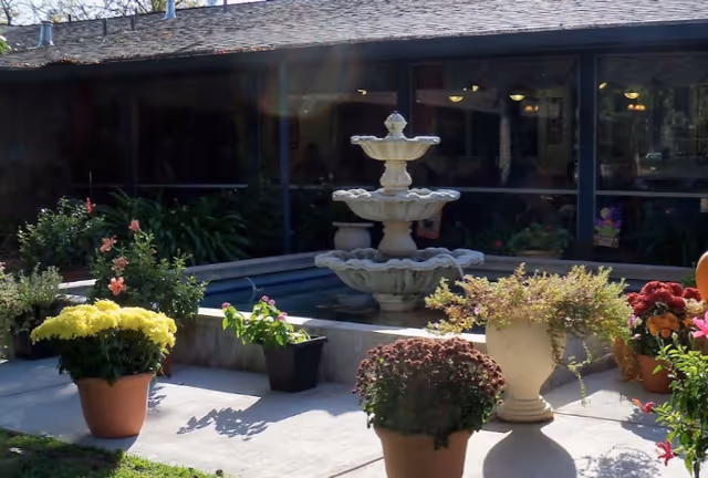 Courtyard with a three-tiered stone fountain surrounded by potted flowers and plants in front of a building with large windows.