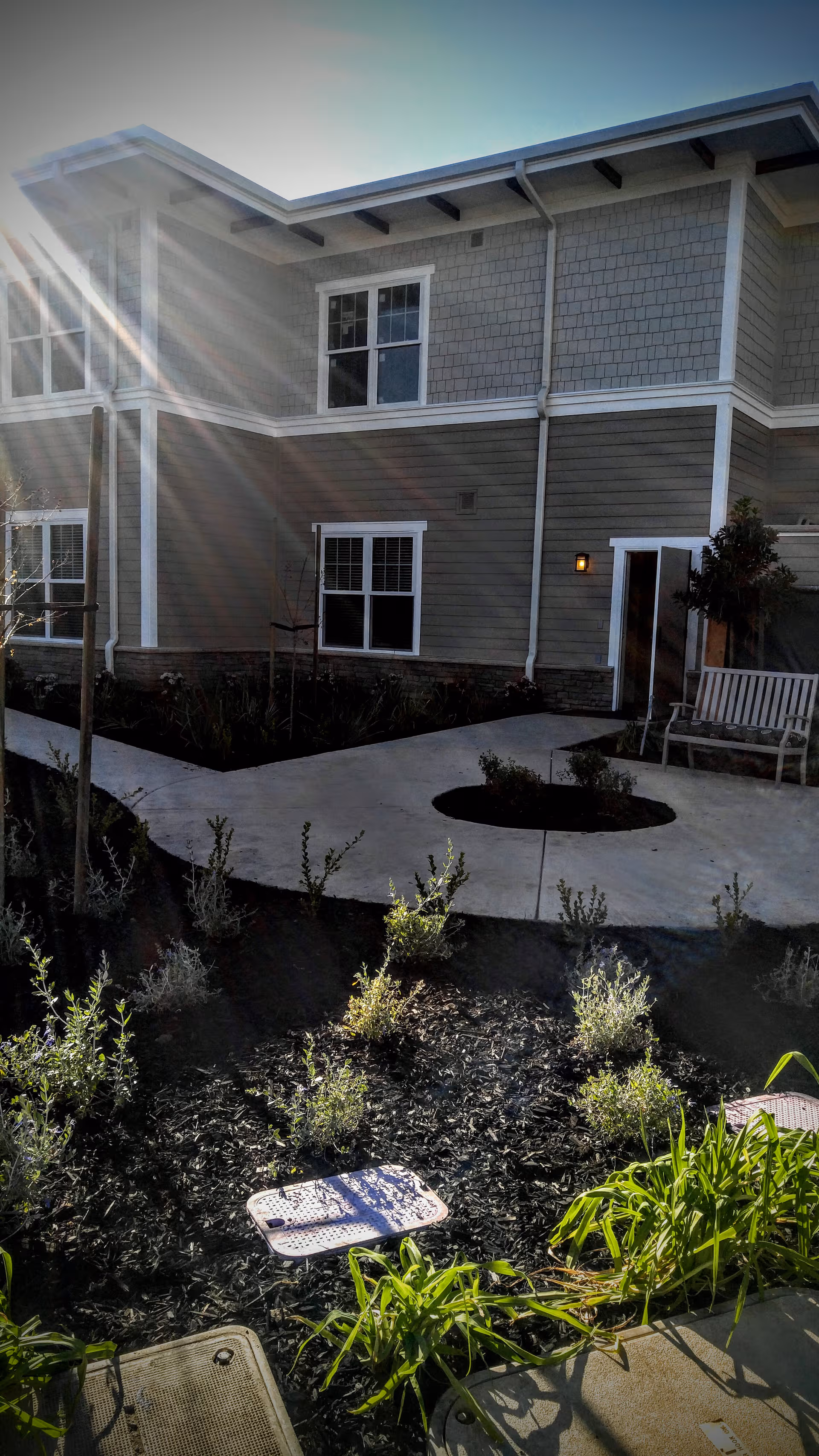 Exterior view of Ivy Park at Pleasanton with entry doorway, benches, and landscaped walkway.