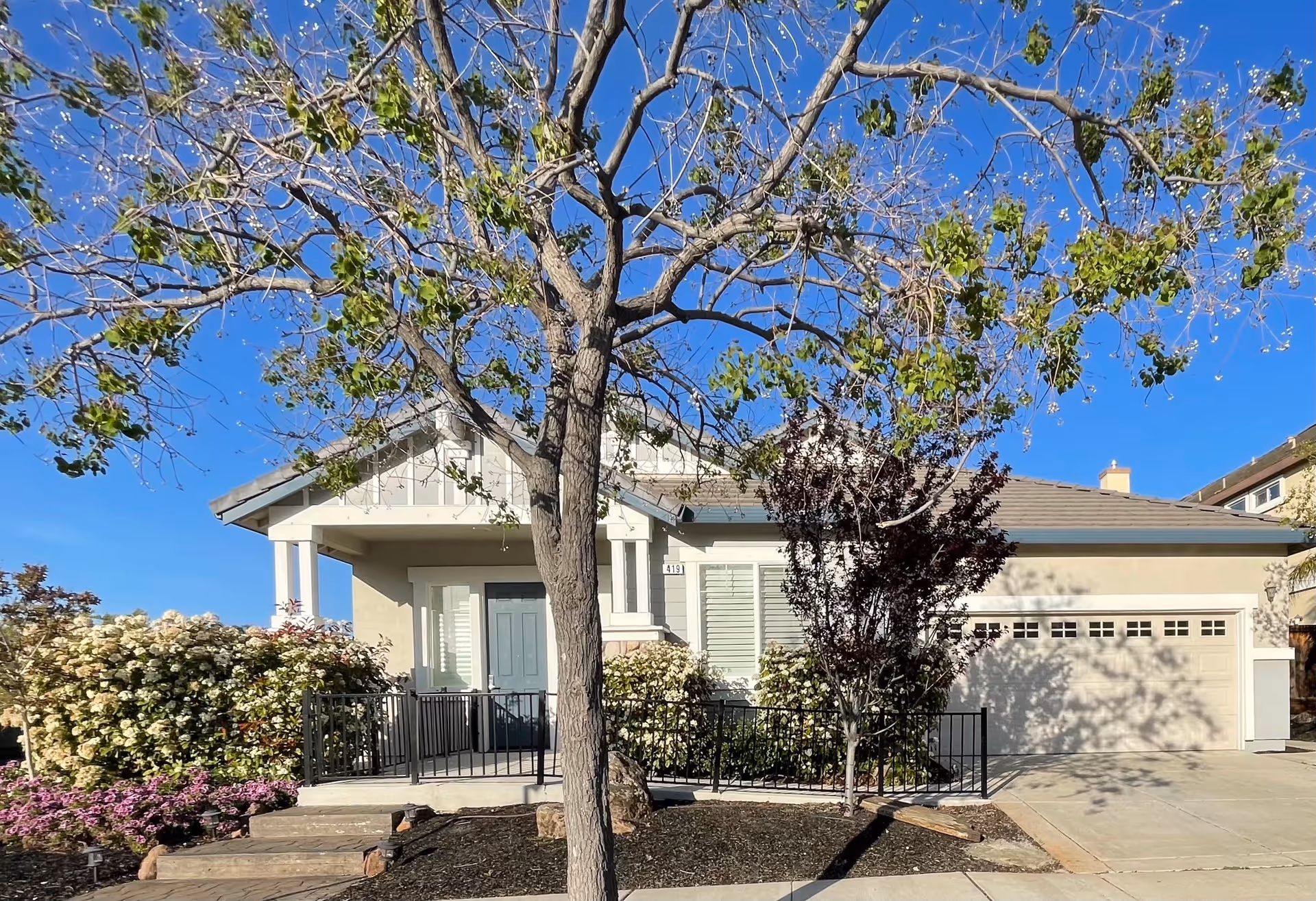 Front exterior of a single-story house with a tree in the foreground, a covered porch, garage, and flowering shrubs under a clear blue sky.